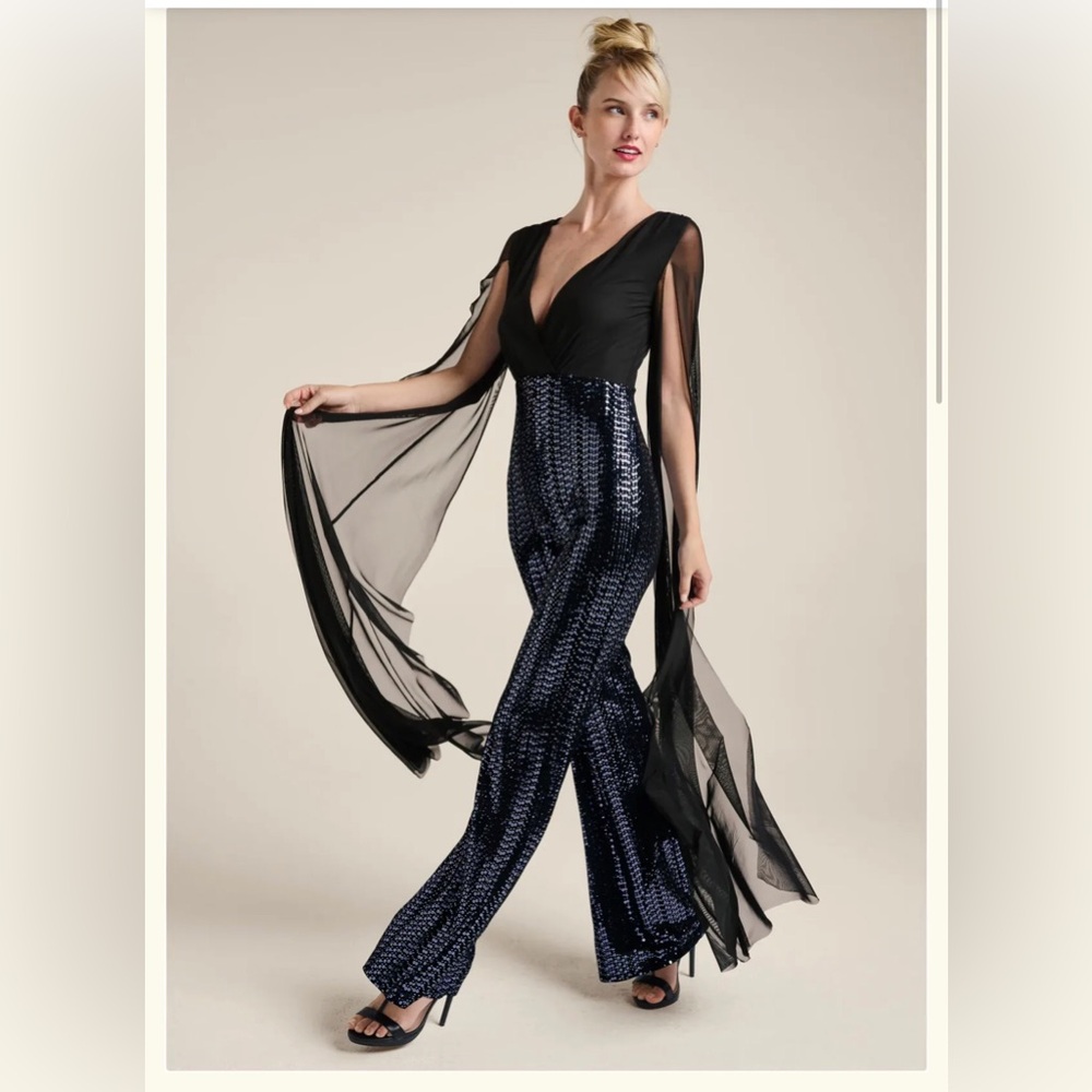 Venus Cape Sleeve Black Sequin Jumpsuit